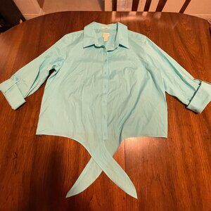Light Blue Tie-Front Button-Up Blouse